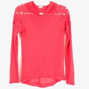 Eyeshadow Coral High Low Long Sleeve Top w Hood
